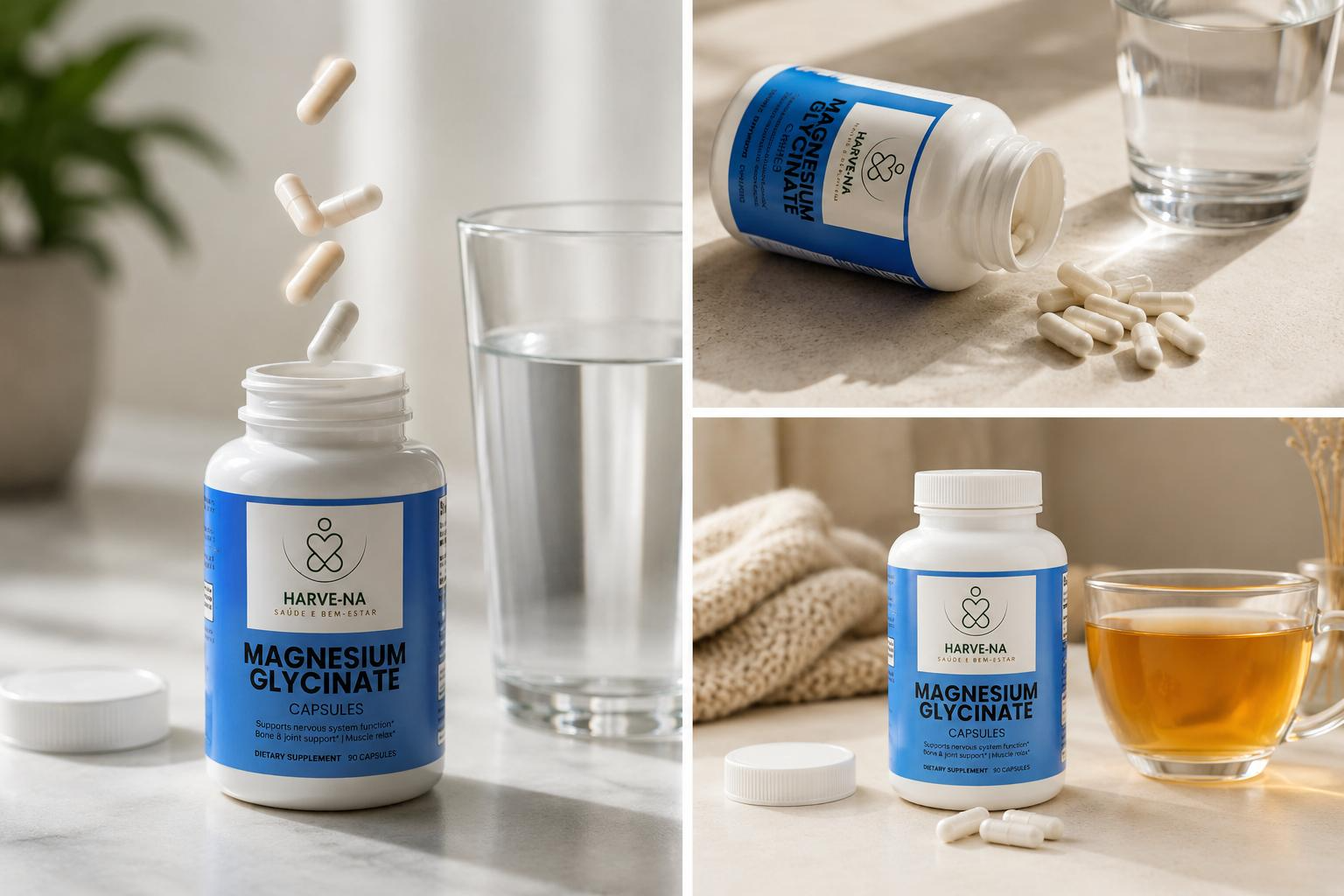 Frasco HARVE-NA Magnesium Glycinate com copo de água e chá, rotina de bem-estar
